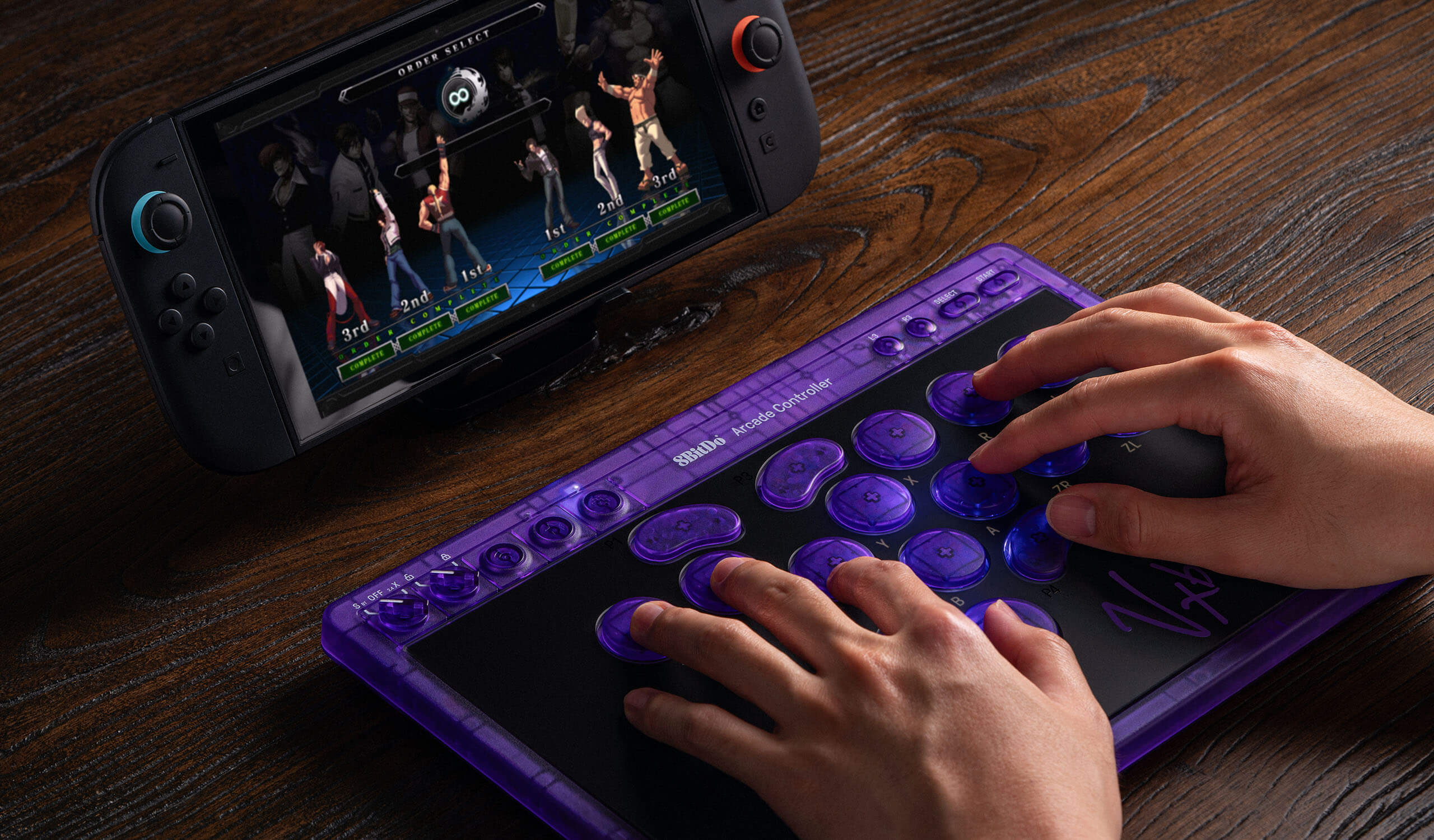 Contrôleur d'arcade 8BitDo Arcade Controller – Édition Signature Transparent Purple